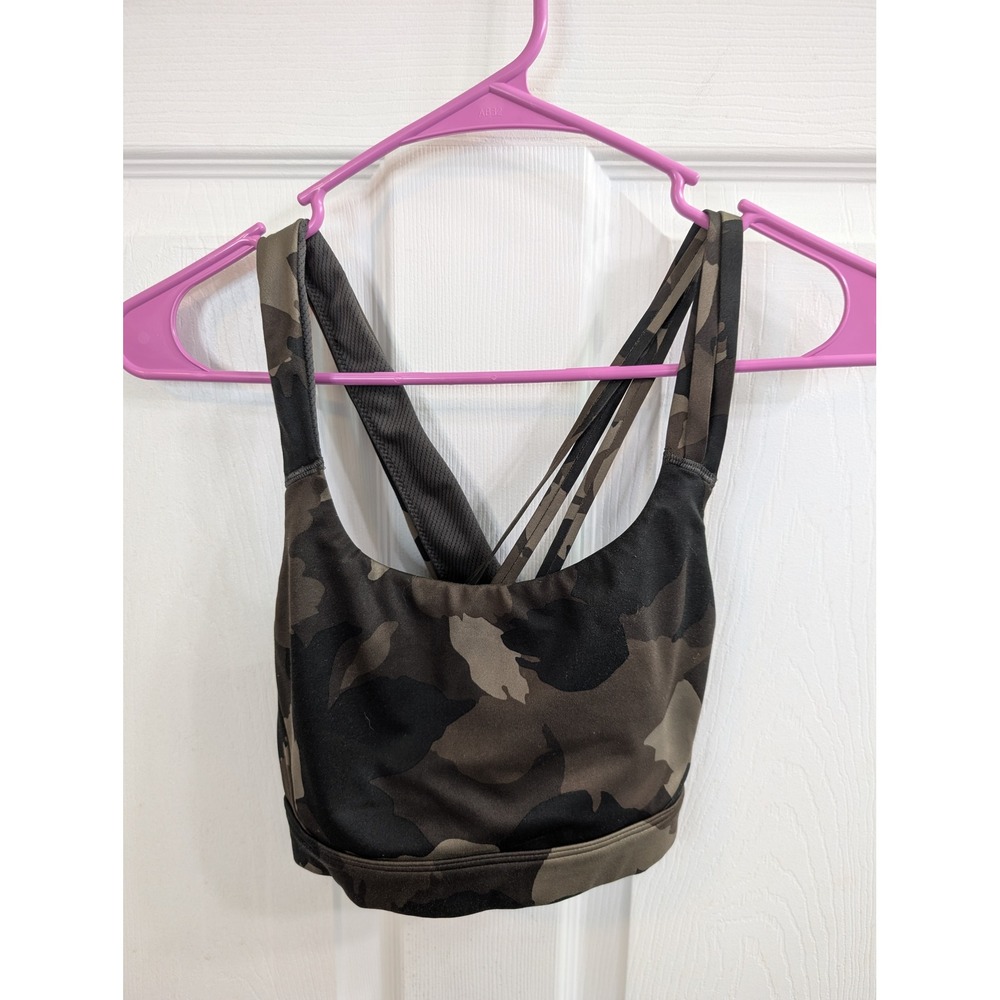 Athleta Run Free Sports Bra Womens Small Green Camo Strappy Back Neck - Size S